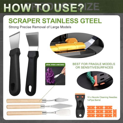 3D Printer Removal Tool Kit, 7 Precision Scrapers for Large, Medium & Small Model Removal, Stainless Steel & Plastic Razor Scrapers with 10 Extra Blades, 3D Printer Accessories Gift