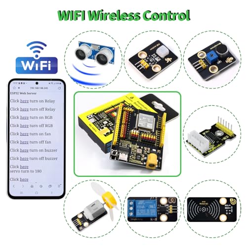 KEYESTUDIO ESP32 IoT Learning Kit for Beginners, Build Wi‑Fi & Bluetooth Smart Devices, Arduino IDE C/C++ and MicroPython Tutorials, Sensors, OLED, Motors & Complete Electronics Components