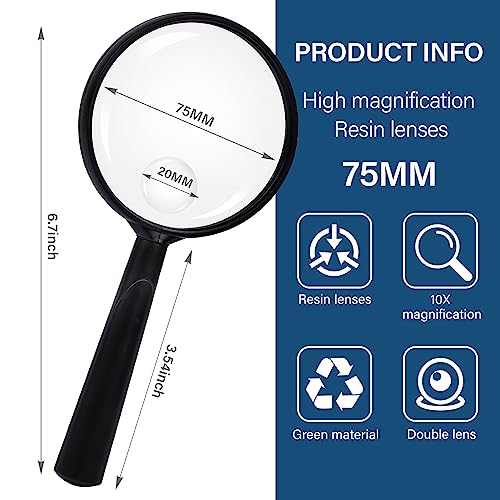 Feosky Handheld Reading Magnifier, 10X Magnifier, 75mm Shatterproof Lens, Adults Close Work Non-Slip Handle for Seniors Reading and Nature Exploration(Black) - color: Black, size: 75mm