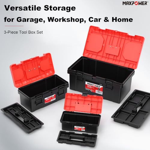 MAXPOWER 3-Pc Portable Plastic Tool Box Set 12" 16" 19", Lockable, Red - color: Red, size: 12" 16" 19"