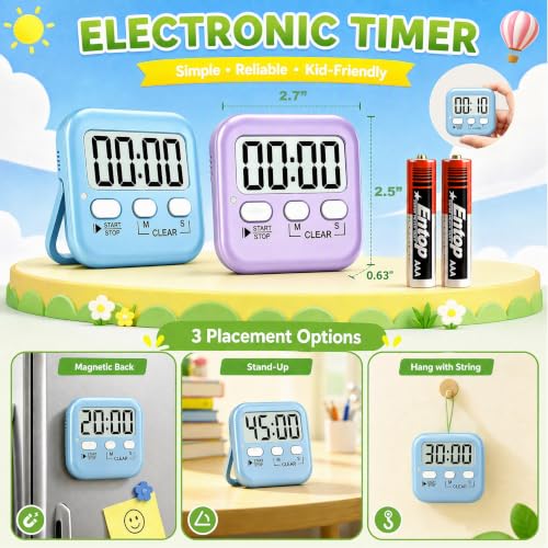 Antonki 2 Pack Digital Timer for Kids Classroom Kitchen Timers for Cooking - color: Sky Blue + Lavender Purple