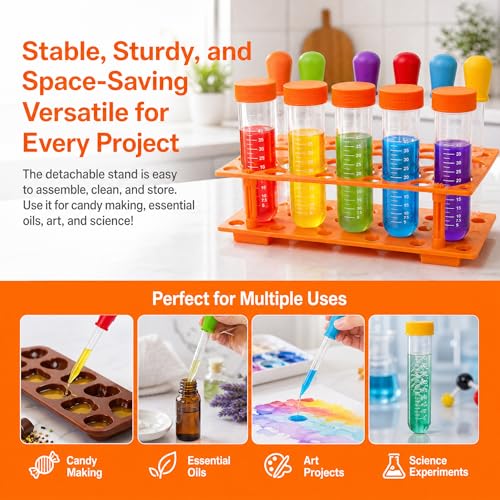 ZENFUN 12 Pieces Jumbo Test Tubes with Stand, Plastic Test Tubes for Primary Science, 5 Pieces Jumbo Test Tubes, 6 Pieces Liquid Droppers Silicone and 1 Piece Storage Stand, Multi-Color