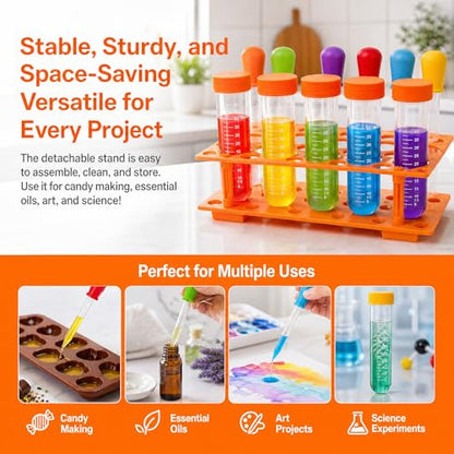 ZENFUN 12 Pieces Jumbo Test Tubes with Stand, Plastic Test Tubes for Primary Science, 5 Pieces Jumbo Test Tubes, 6 Pieces Liquid Droppers Silicone and 1 Piece Storage Stand, Multi-Color