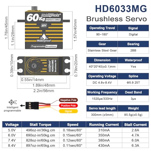 HobbyPark 828oz-in 60kg Servo High Torque Waterproof RC Steering Servo Metal Gears Stainless Steel Aluminum Case for 1/6 1/7 1/8 1/10 RC Crawler Car Truck Buggy HV, Powerful & Fast (Brushless Motor)