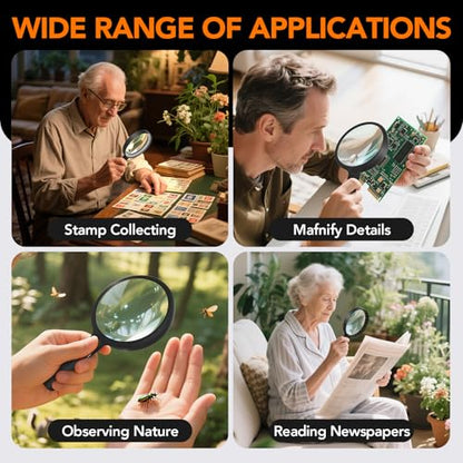 2000mah Rechargeable Handheld Magnifying Glass with 24 LED Lights, 5X 10x Reading Magnifier Large 5 inch Lens, 3 Light Modes for Seniors Reading, Inspection (Black) - color: Black