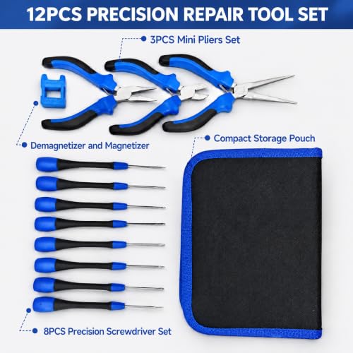 Precision Repair Tool Set, 12-Piece Craftsman & Miniature Tool Kit with Small Screwdrivers, Mini Pliers, Demagnetizer, Small Tool Kit for Phone, Laptop, Jewelry Repair, Includes Compact Storage Pouch