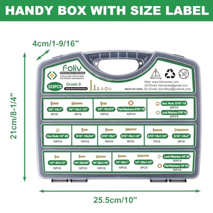 FOLIV 523PCS Grade 8 Bolts and Nuts Assortment Kit, Heavy Duty Nut and Bolt Assortment, 1/4-20 5/16-18 3/8-16 SAE Hex Bolts, Length from 1/2" to 1-1/2" - size: 523PCS 1/4-20 5/16-18 3/8-16