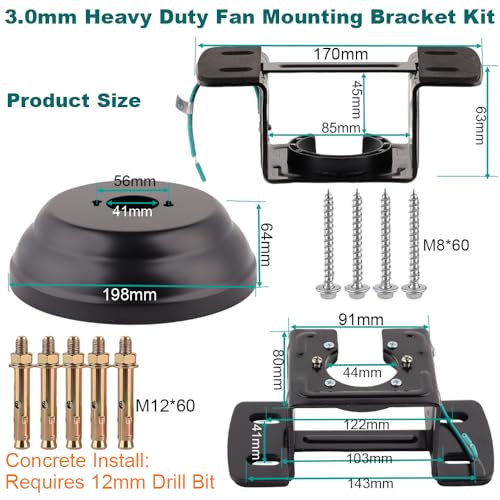 3.0mm Heavy Duty Ceiling Fan Mounting Bracket Kit with Matte Black Canopy Cover, 220lbs High Load Carbon Steel Fan Hanger Set, Fits 4-72 inch Extension Downrods - color: Matte Black Canopy
