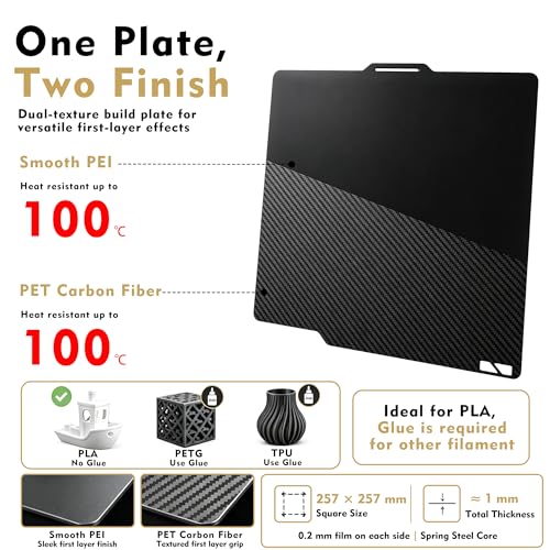P2S P1S A1 Smooth PEI and PET Carbon Fiber Thickened Build Plate for Bambu Lab, Double-Sided Spring Steel Plate for Bamboo Labs X1C/P1P/X1/X1E/X2D 3D Printer, 257x257 mm 3D Printer Accessories - color: Smooth PEI + PET Carbon Fiber Film