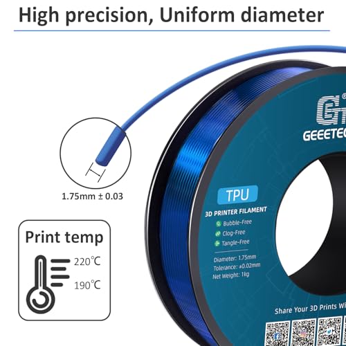 Geeetech TPU Filament 1.75mm, Shore 95A Flexible 3D Printer Filament with High Elasticity, 1KG (2.2lbs) Spool, Dimensional Accuracy ±0.03mm, Fits Most FDM Printers, Clear Blue - color: Tpu Clear Blue