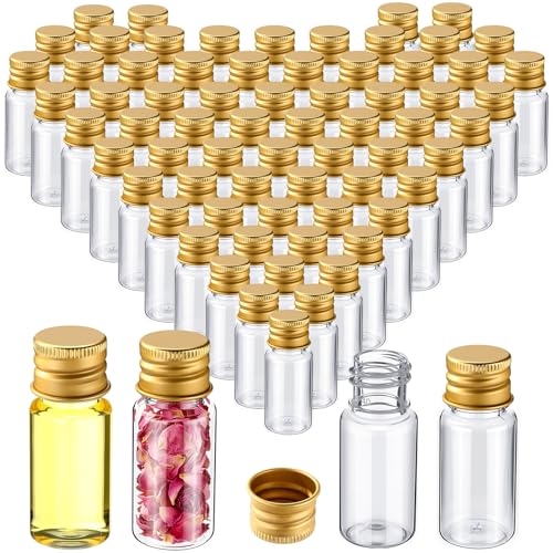 200 Pcs 10ml Mini Plastic Bottles Vials Tiny Jar with Aluminum Screw Lid Cap Clear Plastic Sample Container with Sealed Top Metal Lid for Cosmetic Essential Oil Specimen DIY Craft (Gold) - color: Gold