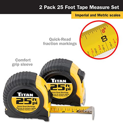 Titan 10901 Tape Measure with Easy-Read Standard Markings and Durable Case, 2-Piece Set, 25-Foot - size: 7.6 m