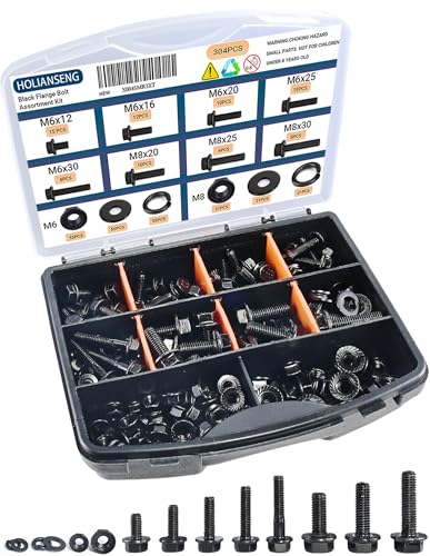 304Pcs Metric Flange Bolt and Nut Assortment, M6x1.0, M8x1.25 (12mm to 30mm) Assorted Hex Bolts and Nuts Washers Kit for Automotive, 10.9 Black Zinc Galvanized