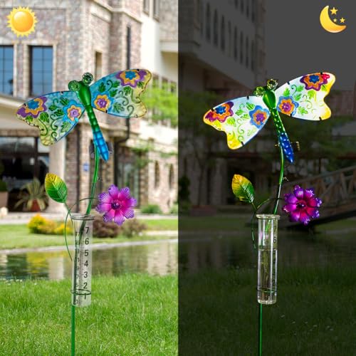Solar Rain Gauge Outdoor, 7 Inch Tube Dragonfly Rain Gauge