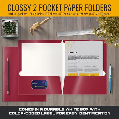 Better Office Products 2 Pocket Glossy Laminated Burgundy Red Paper Folders, Box of 25, Letter Size, Burgundy Red Paper Portfolios - color: Burgundy Red