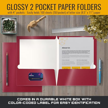Better Office Products 2 Pocket Glossy Laminated Burgundy Red Paper Folders, Box of 25, Letter Size, Burgundy Red Paper Portfolios - color: Burgundy Red