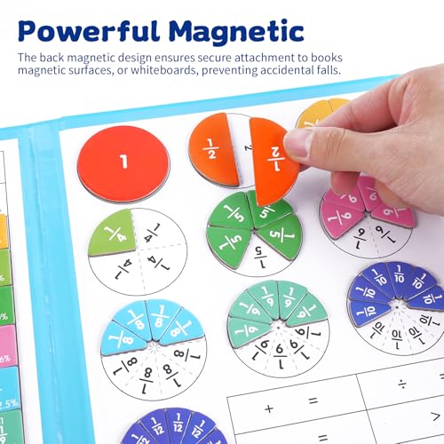 Magnetic Fraction Educational Puzzle, Magnetic Fraction Demonstration Book, Fraction Tiles & Circles, Montessori Math Manipulatives for Elementary School, Fraction Learning Toys for Kids - color: Three pages