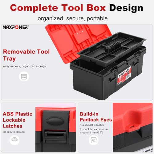 MAXPOWER 19-inch Plastic Tool Box, Handheld, Removable Tray, Lockable - color: Red, size: 19"