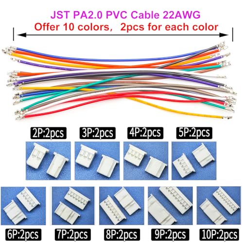 PA 2.0 Pre-Crimped Cable Compatible with JST Mini Micro PA 2.0mm, 22AWG UL1007 PVC Cable 10 Colors, 50cm with 2P 3P 4P 5P 6P 7P 8P 9P 10P Connector Assort for DIY Item (KS-PA-50cm) - size: 50cm