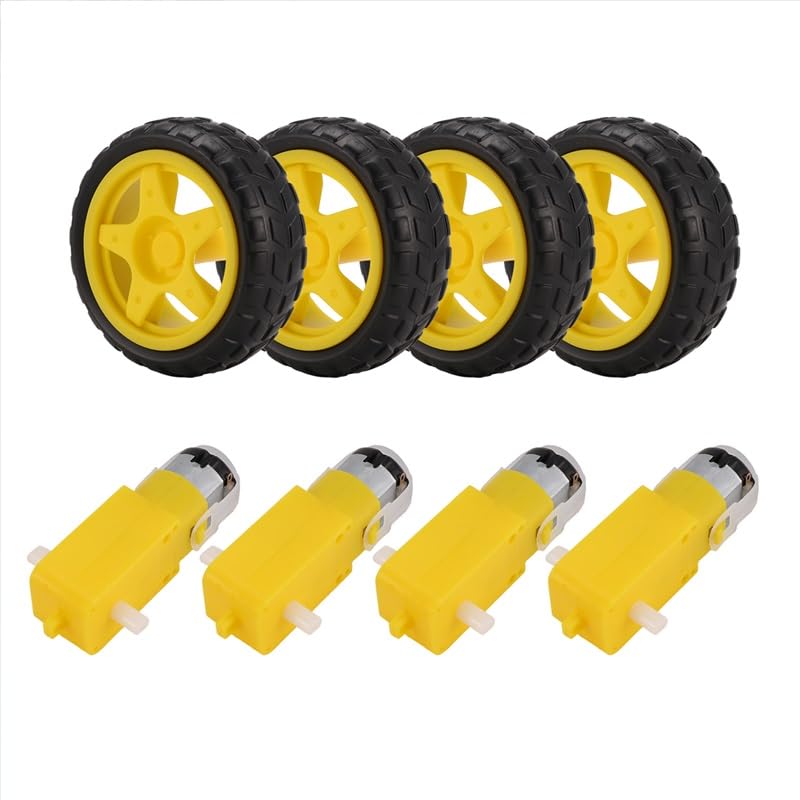 4PCS DC Electric Motor + Plastic TT Motor Tire Wheel Dual Shaft Gear Motor TT Gearbox Engine for Arduino Smart Car DC 3V-6V 1:120 Gear Motor W/Wheel Hobby TT Homotaxial for Robot Car DIY