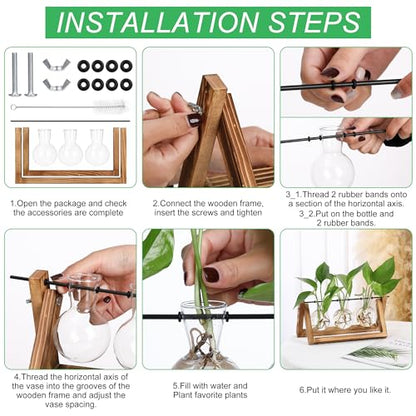 YIBOT Plant Propagation Stations with Wooden Stand & 3 Glass Bulb Vases - size: 3Bulb-A