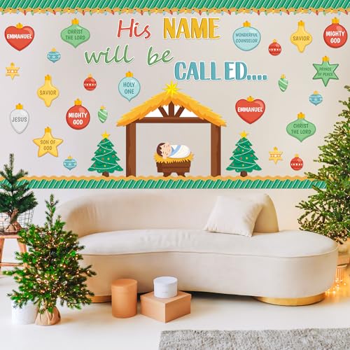 TICIAGA Religious Jesus Christian Bulletin Board - 81Pcs Nativity His Name Will Be Called Religious Cutout Trim Border for Xmas Holiday Church Sunday School Classroom Chalkboard Wall Decor - style: Christmas