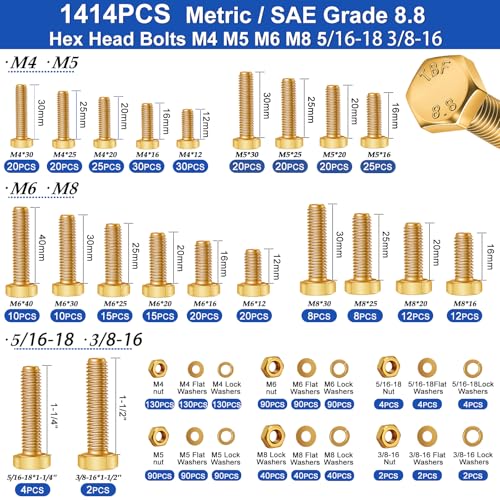 Taiss 3334pcs Nuts and Bolts Assortment Kit Grade 8.8 SAE & Metric Bolts - color: Gold & Silver-3129PCS