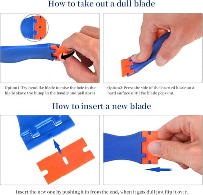 8 PCS Plastic Razor Blade Scraper Tool with 100 PCS Extra Blades, Cleaning Scraper Remover for Stickers Lables Paints Adhesives on Window Glass Car - color: Blue-8pcs