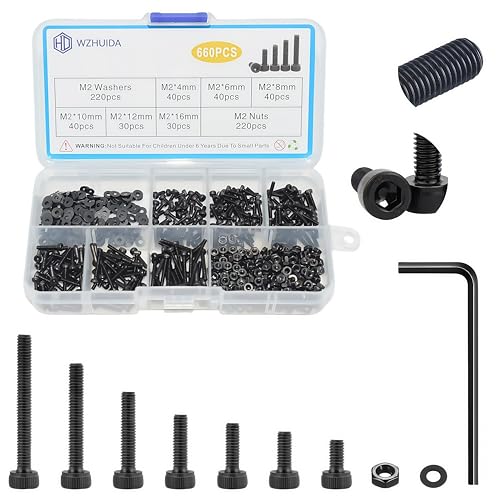 660 Pcs M2 Screws Assortment Kit, M2x4mm/6mm/8mm/10mm/12mm/16mm, Metric Hex Socket Head Cap Screws Nuts Washers Kit with Wrench, Black Zinc Plated - size: M2 660Pcs 4mm-16mm