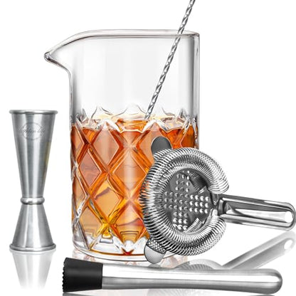 LIGHTEN LIFE Cocktail Mixing Glass Set,Bar Mixing Set with 20oz Crystal Thick Bottom Glass,Spoon, Jigger,Strainer and Muddle,5 Pieces Cocktail Mixing Glass Kits Perfect for Amateurs and Bartenders