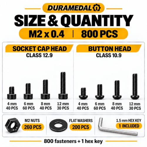 800PCS M2 Hex Socket Head & Button Head Screws Nuts Assortment Kit - size: M2 Button&Cap Head Kit 800pcs / 8 Sizes