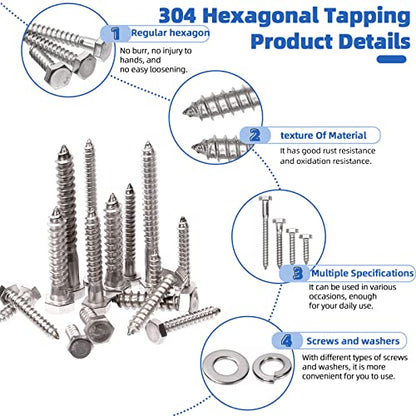 Glarks 150Pcs 5/16" 304 Stainless Steel Hex Lag Screws Assortment Kit Hex Lag Bolts with Flat Washers and Lock Washers Set for Fixing Metal, Wood, Plastic Materials - size: 5/16" Hex Lag Screws Set