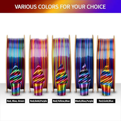 ERYONE Silk Twist Rainbow 3D Printer PLA Filament 1.75 +/-0.03mm, Shiny Multicolor Filament PLA 1KG(2.2LBS), Psychedelic (Red Yellow Blue) - color: Silk Twist Psychedelic, size: 1KG