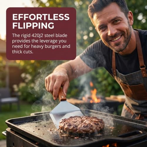 Extra Wide Spatula with Beveled Edges, Oversized Stainless-Steel Spatula with Wood Handle for Skillets, Griddles & Pancake Flipper for Burgers, Omelet, and Versatile for Culinary Task, 6 x 5-inches - size: 5" x 6"