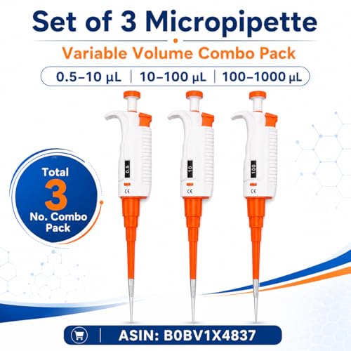 BEXCO Adjustable Variable Volume Micropipette Set of 3 (0.5-10uL, 10-100uL, 100-1000uL) - Professional Lab Pipettors Combo Pack, Partially Autoclavable