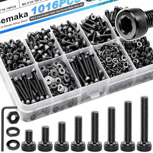 1016PCS M2.5 Screws Kit, M2.5x4/6/8/10/12/16/20/25mm Hex Socket Head Cap Screws Bolts Nuts Washers Kit, 12.9 Grade Alloy Steel Metric Screws for 3D Printer, Electronics, Furniture Repair - color: BK-M2.5 x 4-25mm