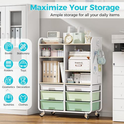 APEXCHASER 6 Drawers Rolling Storage Cabinet with Wood Top& Pegboards Green - color: Green
