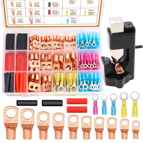 mankk 180PCS Copper Wire Lugs with Tool AWG 2 4 6 8 10 12 14 16 Gauge Battery Terminal Connectors Battery Cable Ends Connectors Copper Ring Terminal Kit with Heat Shrink - color: 181PCS