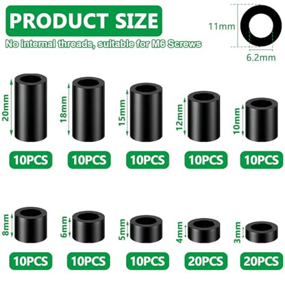 120PCS Black M6 Nylon Spacers Kit, ID 6.2mm, OD 11mm for M6 Screws - color: Black, size: 120PCS (M6)