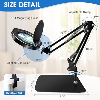 15X HD Magnifying Glass with Light, Hands-Free Desk Magnifier with 2-in-1 Base & Clamp, Adjustable Swing Arm, 5 Color Modes, 10 Brightness Levels for Reading, Crafts, Sewing & Nail Art - style: Clamp+Stand【UPGRADE】