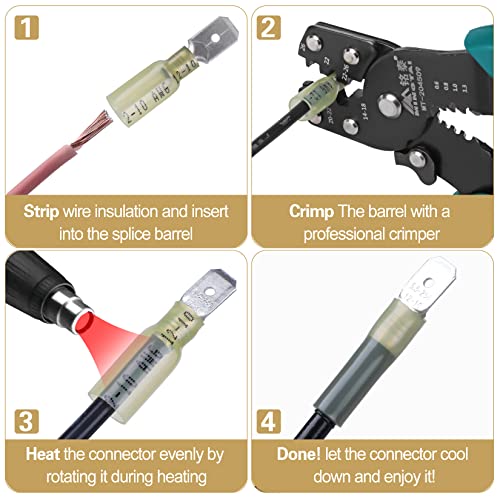 100 PCS 12-10 AWG Waterproof Heat Shrink Quick Disconnect Connectors, Crimp Electrical Wire Male Spade Connectors Insulated Disconnect for Marine Automotive Motorcycle Home Wiring (Yellow) - size: [12-10 AWG] Male x 100