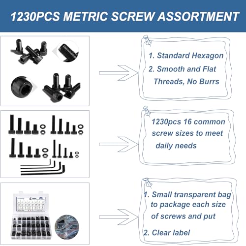 1230PCS Metric Screw Assortment Kit M2 M3 M4 M5 - size: M2 M3 M4 M5
