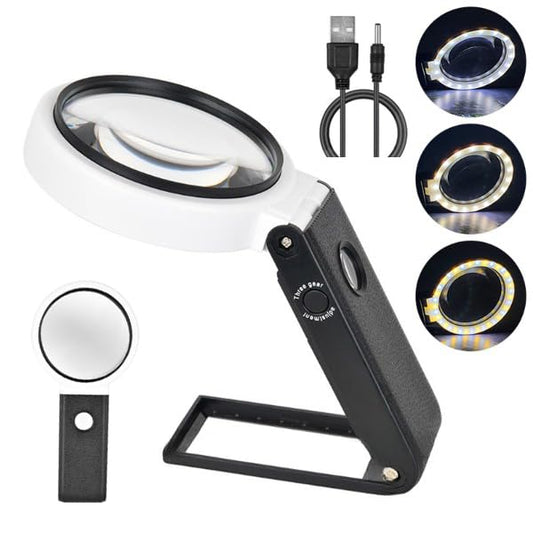 Magnifying Glasses with Light and Stand, 10X 25X Handheld Lighted Magnifier, Large Standing Magnifying Glass with 32 LED Lights for Close Work Coin Stamp Collection
