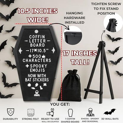 Nomnu Coffin Letter Board, Black Goth Decor with Bat Stickers Spooky Emojis - color: Black