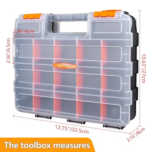 HobbyPark RC Hardware Organizer Box Adjustable Compartments Removable Dividers Durable Plastic Double Side Tools Box Screw Organizer For Nuts, Bolts, Screws, Nails, Small Parts, Tools (Pack of 2) - size: 12.75" x 10.63" x 3.15" (Pack of 2)