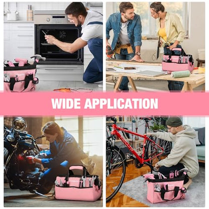 WORKPRO 13-Inch Tool Bag, Pink Soft Cloth Tool Storage Bags, Wide Mouth Tool Tote Bag with Inside Pockets - Pink Ribbon - color: Pink
