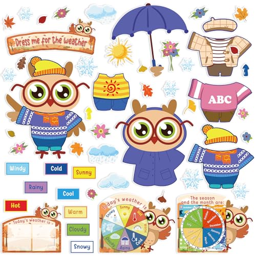 Ireer 56 Pieces Weather Bulletin Board Set for Preschool 12 x 8'' Animal Weather Chart for Classroom Dress up Seasonal Bulletin Board Cutout for Wall Blackboard Decorations (Owl) - style: Owl