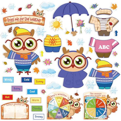 Ireer 56 Pieces Weather Bulletin Board Set for Preschool 12 x 8'' Animal Weather Chart for Classroom Dress up Seasonal Bulletin Board Cutout for Wall Blackboard Decorations (Owl) - style: Owl
