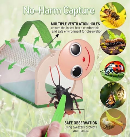 Bug Catcher for Kids Bug Catching Kit,Critter Habitat Box Insect Collecting,Includes Carrying Handle and Easy-Access Door,with Bug Tong,Tweezer & Magnifying Glass,Gift for Boys and Girls