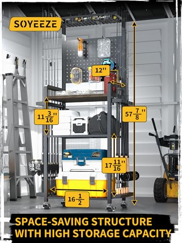 SOYEEZE Fishing Rod Holders for Garage,Fishing Gear Holder for Fishing Rod Tackle Box Storage，Fishing Pole Holders for 12 Rods with Hooks and Pegboard,Fishing Cart with Reel Rack, Standard Size - size: Standard with wheels